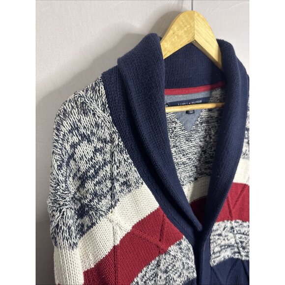 Tommy Hilfiger Shawl Collar Knit Cardigan Navy Red White Striped Men’s XL - Picture 3 of 8